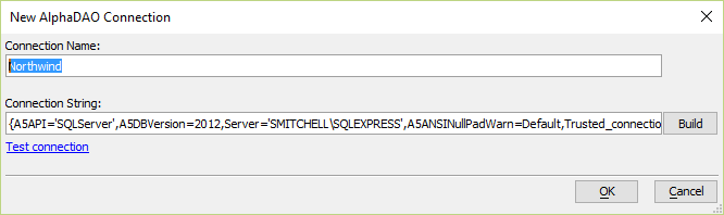 Click OK to save the Northwind connection string.